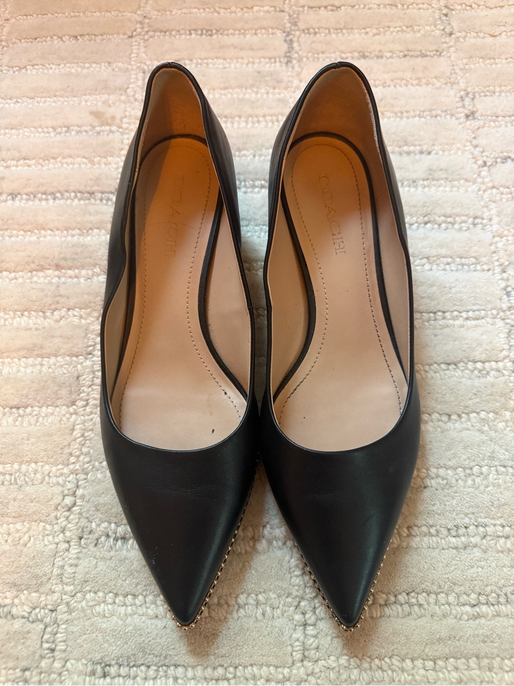 Coach Black Pointed-Toe Leather Flats with Stud Trim - Picture 2 of 8